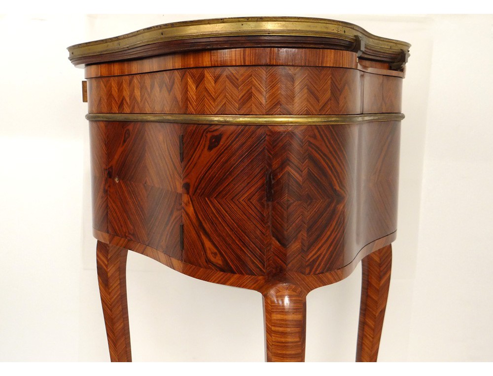 Dressing table Louis XV inlaid wooden cubes amaranth pink satin heart XIX Dressing table Louis XV inlaid wooden cubes amaranth pink satin heart XIX