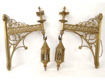 Pair of bronze sconces Gothic cathedral Viollet-le-Duc Napoleon III nineteenth