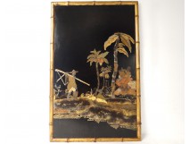 Panneau laque Chine personnages asiatiques paysage pêcheurs bambou XIXème