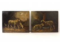 Superb pair HSP Barbizon school paintings sheep barn hen nineteenth century