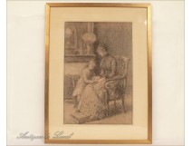 Pointillism impressionistic charcoal, woman and child, 19th
