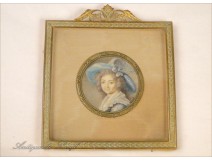 Miniature painted, Femme au Chapeau, gilt frame, 19th