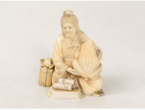 Okimono carved ivory statuette old woman toads fruit nineteenth Japan