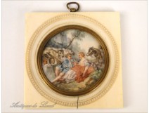 Miniature painted on ivory, gallant scene, 19th