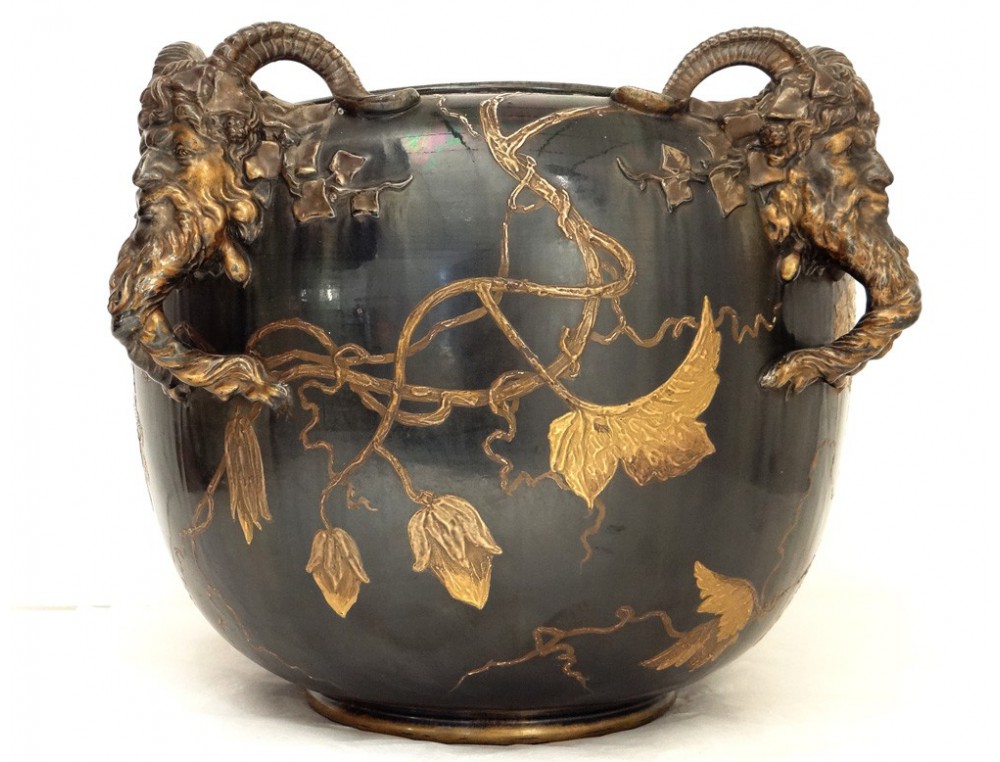 Large Pot Glazed Ceramic Fauna Satyr Japonisant Art Nouveau 19th