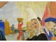 Large gouache characters fishermen country bigouden port breton school twentieth