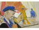 Large gouache characters fishermen country bigouden port breton school twentieth