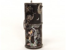 Opium pipe mother-of-pearl wood character landscape pagodas butterflies Vietnam 19th century