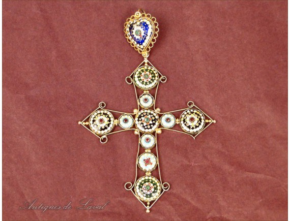 Croix Ancienne En Argent Massif Vermeil Emaux Bressans B35 - Occasion Rare