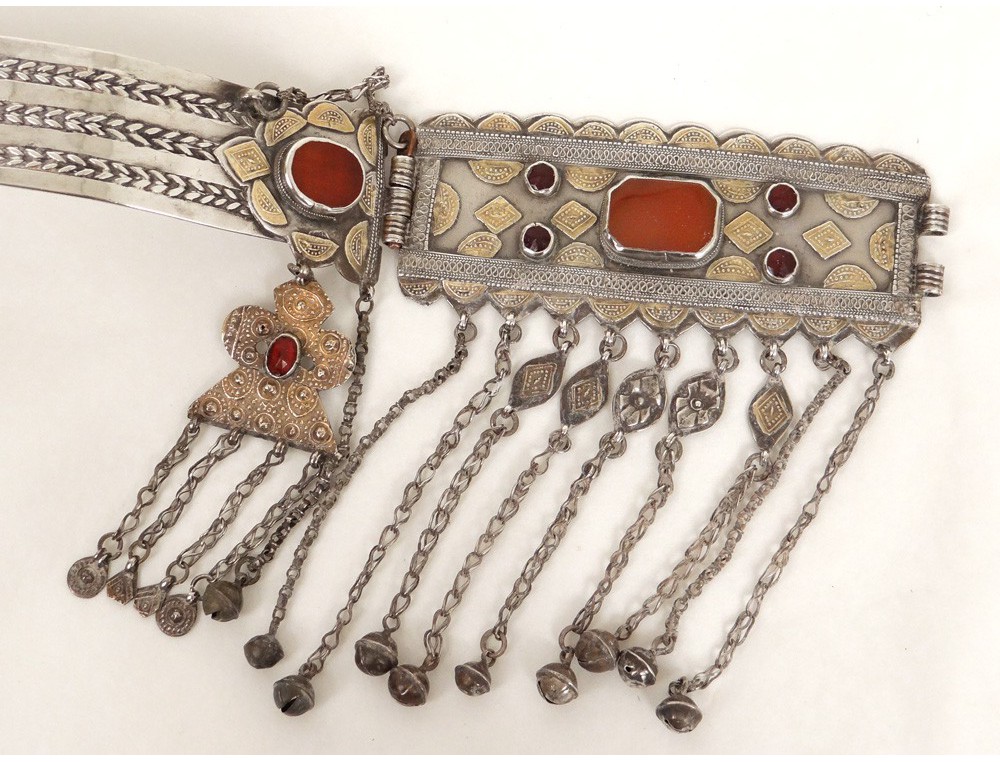 Belt carnelian cabochons Turkmen silvered bronze fibulae Asia nineteenth