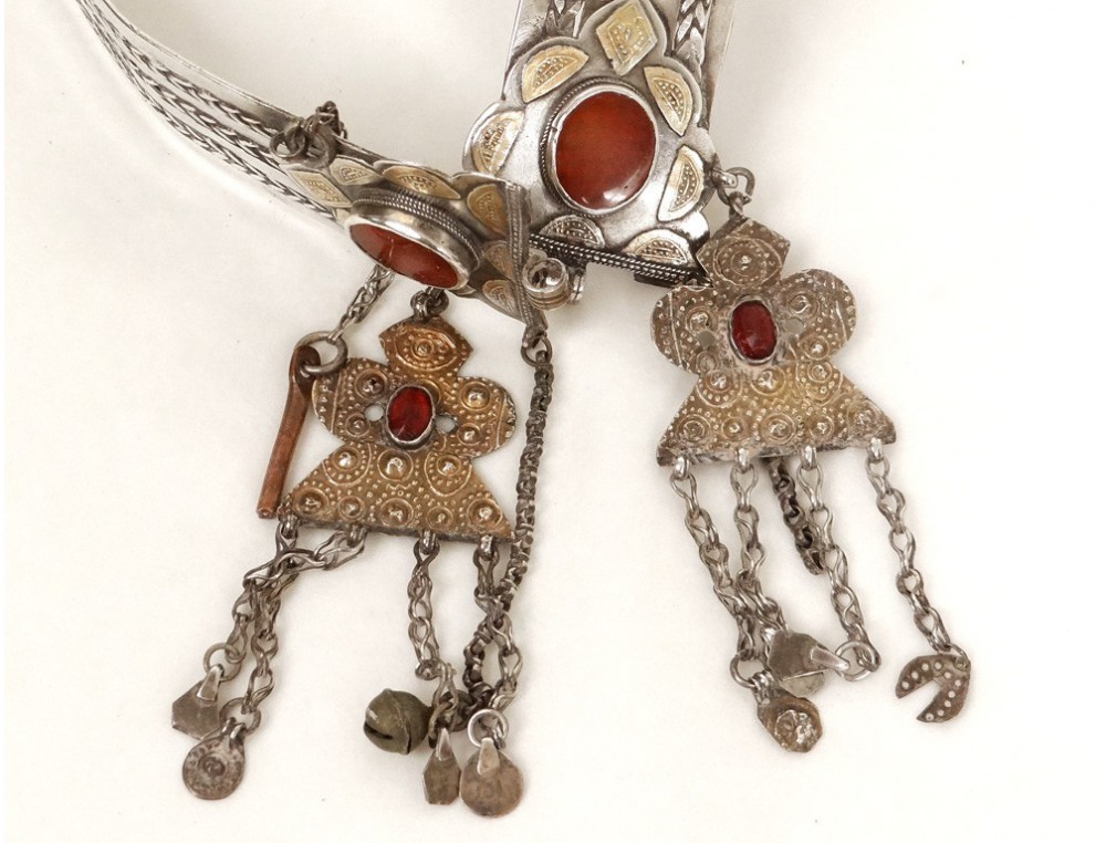 Bracelet Turkmène Ancien - Collection Années 1930 - 5 Cornalines - Argenté Alliage - Style Manchette Rustique
