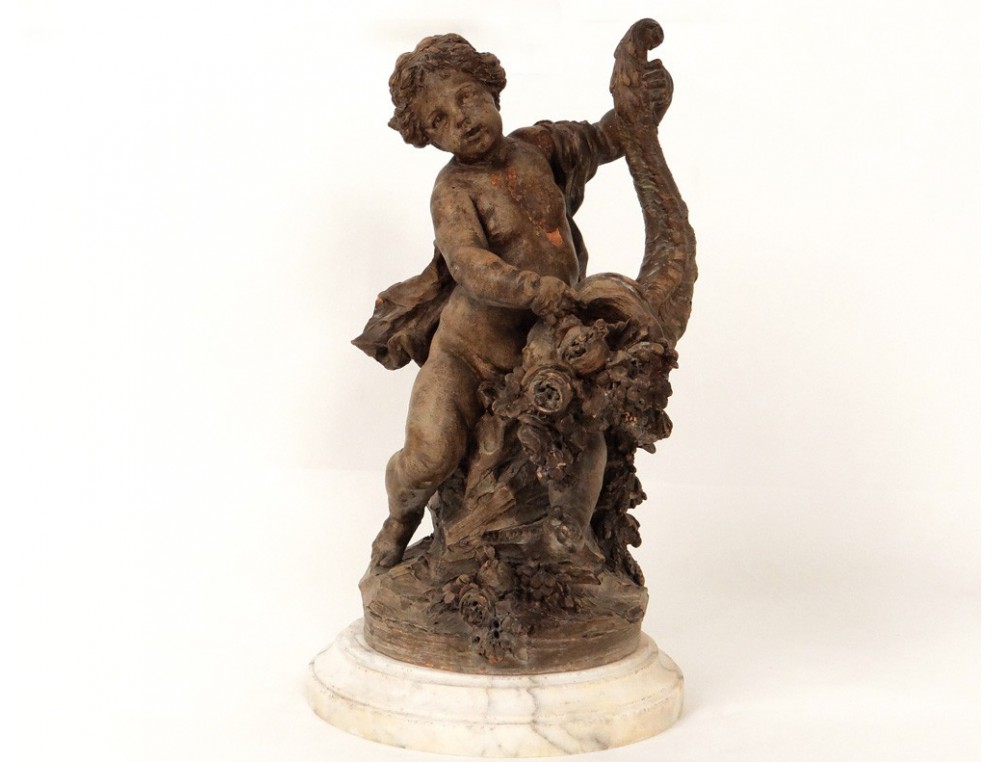 Superb terracotta sculpture cherub Love cornucopia eighteenth flowers
