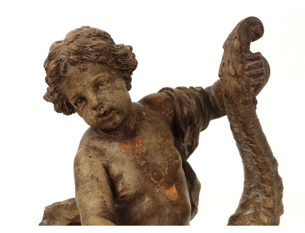 Superb terracotta sculpture cherub Love cornucopia eighteenth flowers