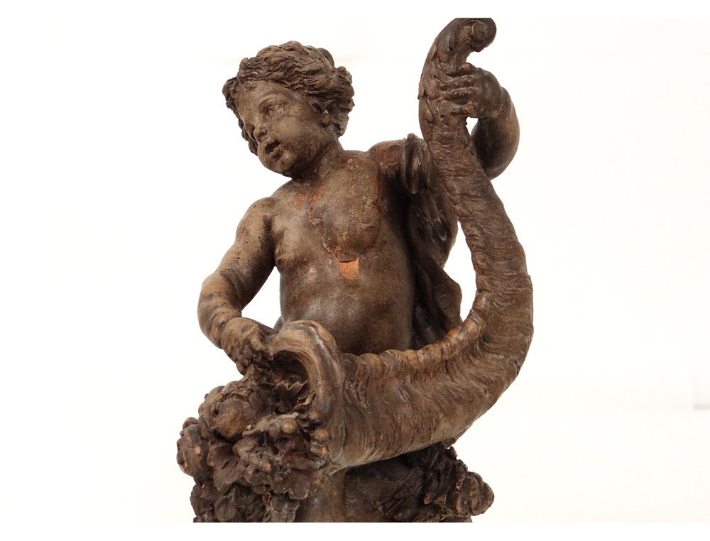 Superb terracotta sculpture cherub Love cornucopia eighteenth flowers