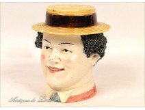 Tobacco jar slip, head man in straw hat, 19th