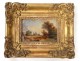 Miniature fixé sous verre paysage Hollande moulin cadre stuqué NapIII XIXè