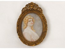 Painted miniature portrait young woman Belle Epoque framework gilt bronze XIXth