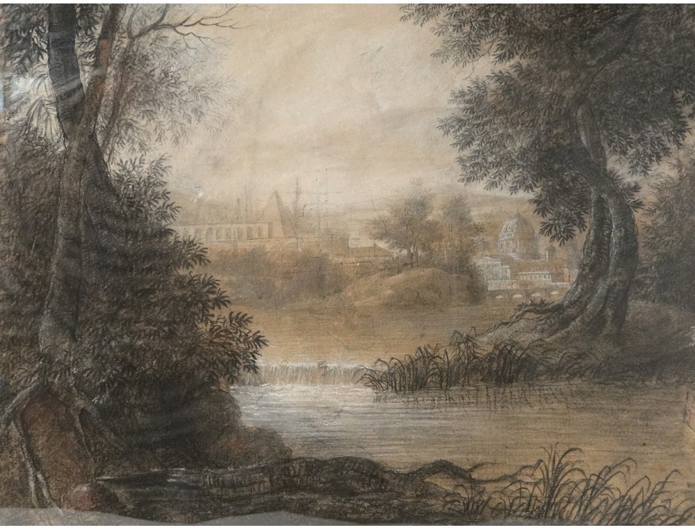 Pair charcoal drawings romantic landscape ancient ruins Parmentier XVIII