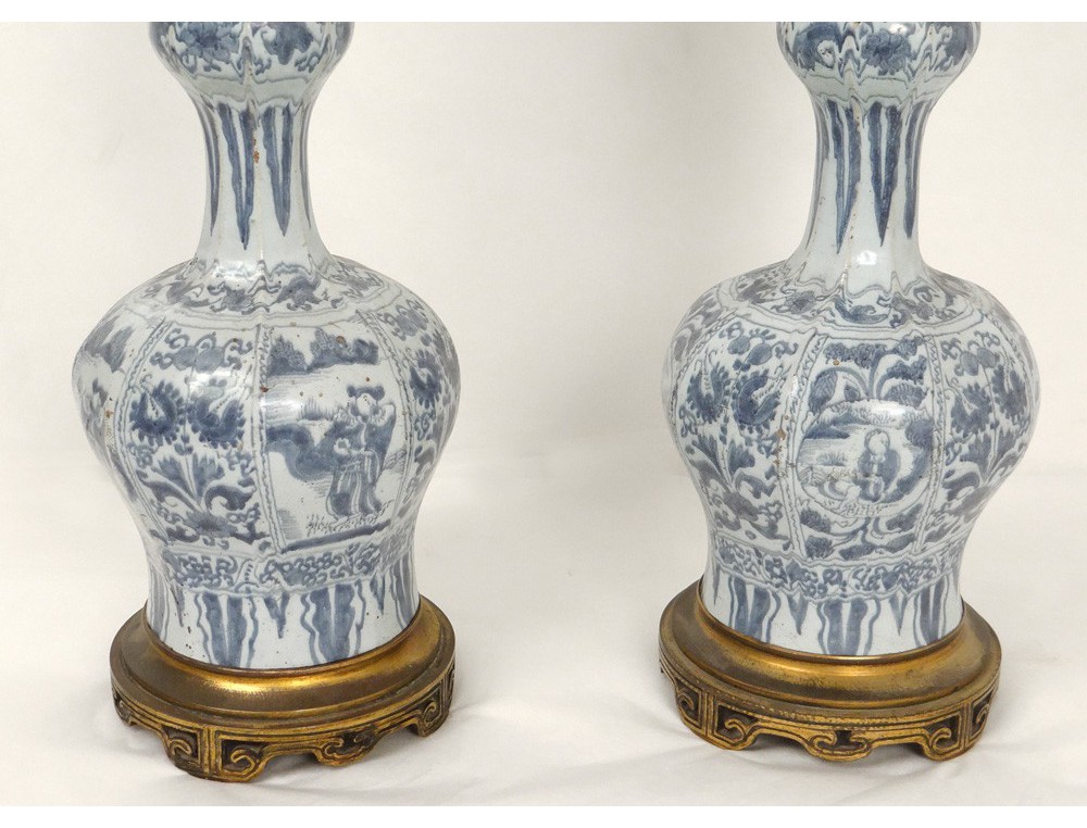 Personnages Lampes Delft Porcelaine À Paire Fleurs Bronze Pétrole 3Lqj5AR4