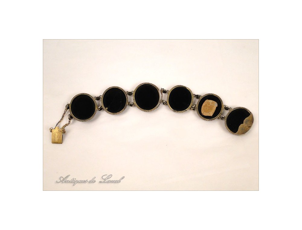 Bracelet Rigide Ancien En Corne Bovine Teintée Noire - Cloisonné Laiton - Occasion - Style Vintage