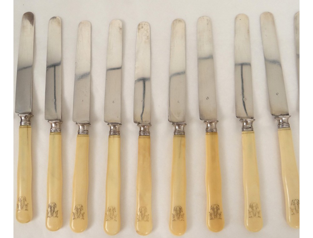 16 couteaux à dessert ou fromage anciens époque XIX manches couleur ivoire
