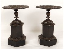Paire cassolettes coupes bronze marbre mascarons palmettes Napoléon III 19è