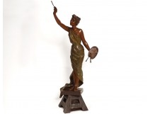 Bronze sculpture Villanis woman painter paddle wheel Art Nouveau XIXth