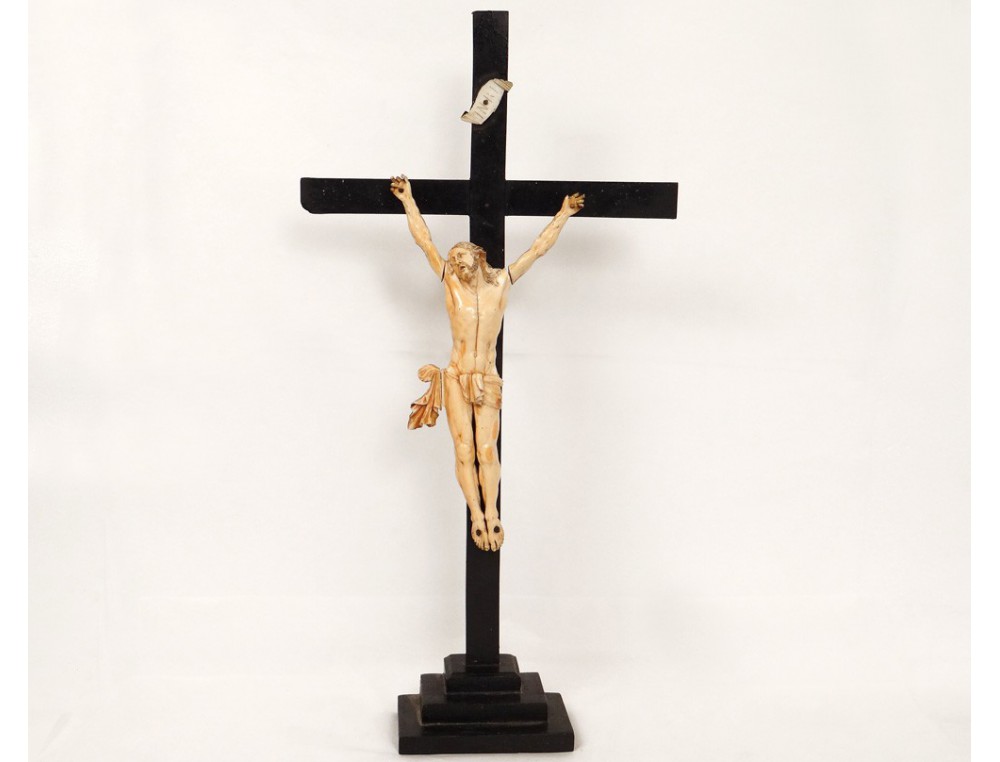 Christ carved ivory crucifix cross blackened wood eighteenth century