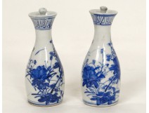 Paire petits vases pots porcelaine chinoise blanc-bleu fleurs Chine XVIIIè