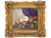 Porcelain painting still life flowers bouquet C.Martin frame stuccoed nineteenth