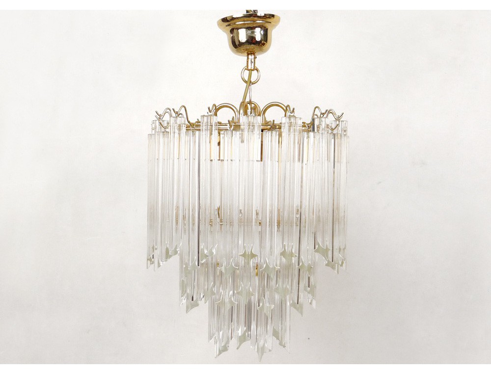 Suspension Chandelier Vintage Gold Metal Crystal Glass Knives Suspension Chandelier Vintage Gold Metal Crystal Glass Knives Twentieth Century