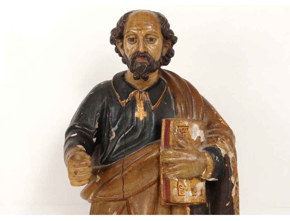 Sculpture statue bois polychrome SaintPierre Bible église XVIIIème siècle
