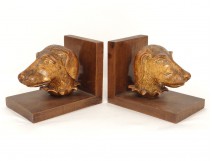 Pair of golden carved wood bookends hunting dog heads shines twentieth century