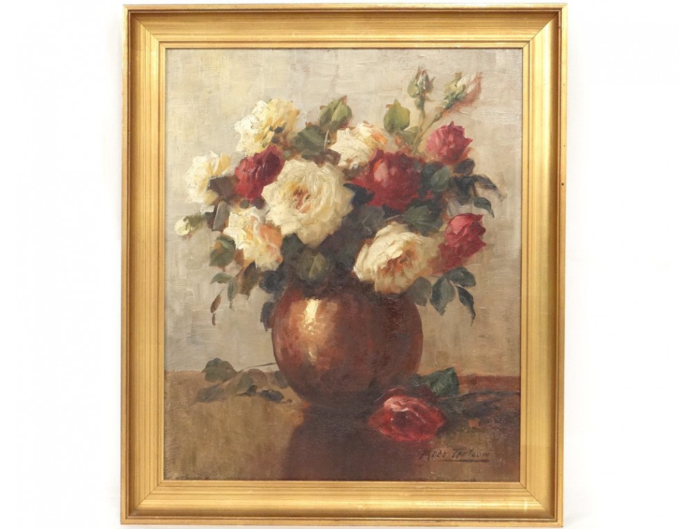HSP tableau bouquet fleurs roses vase Kees Terlouw école hollandaise XXème