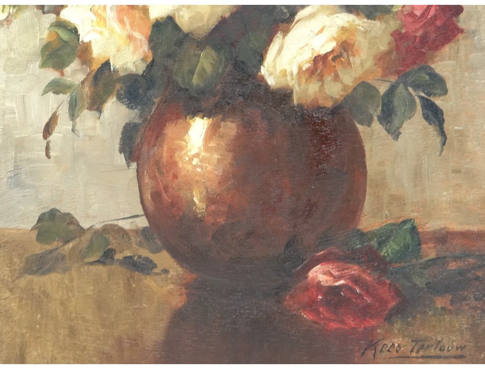 HSP tableau bouquet fleurs roses vase Kees Terlouw école hollandaise XXème