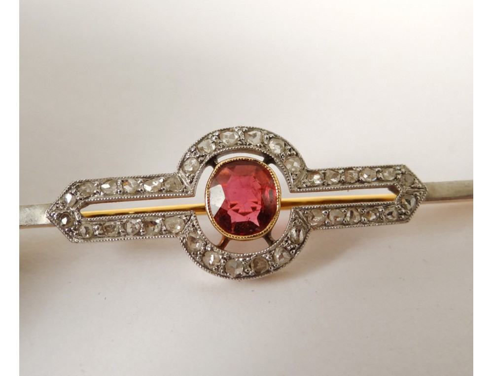 Broche Ancienne Or 18 Carats Diamants Rubis Saphir - Motif Roseaux - France