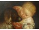 Rare large table HST small French School girls dog painting XIX