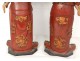Rare pair polychrome wood sculptures Chinese dignitaries greeting nineteenth boxes