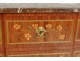 Wood marquetry commode Transition pink flowers bronze marble XIXth century