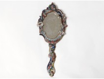 Hand-sided mirror bronze cloisonné enamel flower rock Napoleon III nineteenth