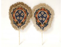 Pair screens fans beading embroidery flowers carved Napoleon III nineteenth