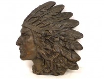 Sculpture in bronze bas-relief portrait of American Indian, 19th