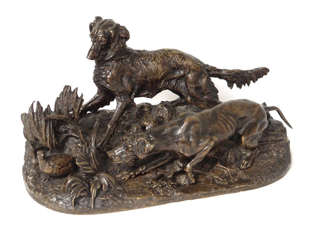 Sculpture Bronze Chiens Chasse à Larrêt Perdrix P J Mène