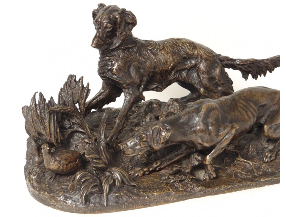 Sculpture Bronze Chiens Chasse à Larrêt Perdrix P J Mène