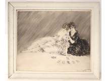 Etching Louis Icart young women with playing cards elegant twentieth century