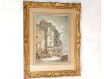 Watercolor painting Charles Huard characters twentieth century Normandy town