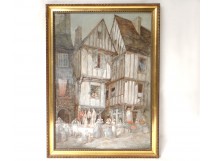 Watercolor painting Charles Huard Granville Normandy characters butcher XXè