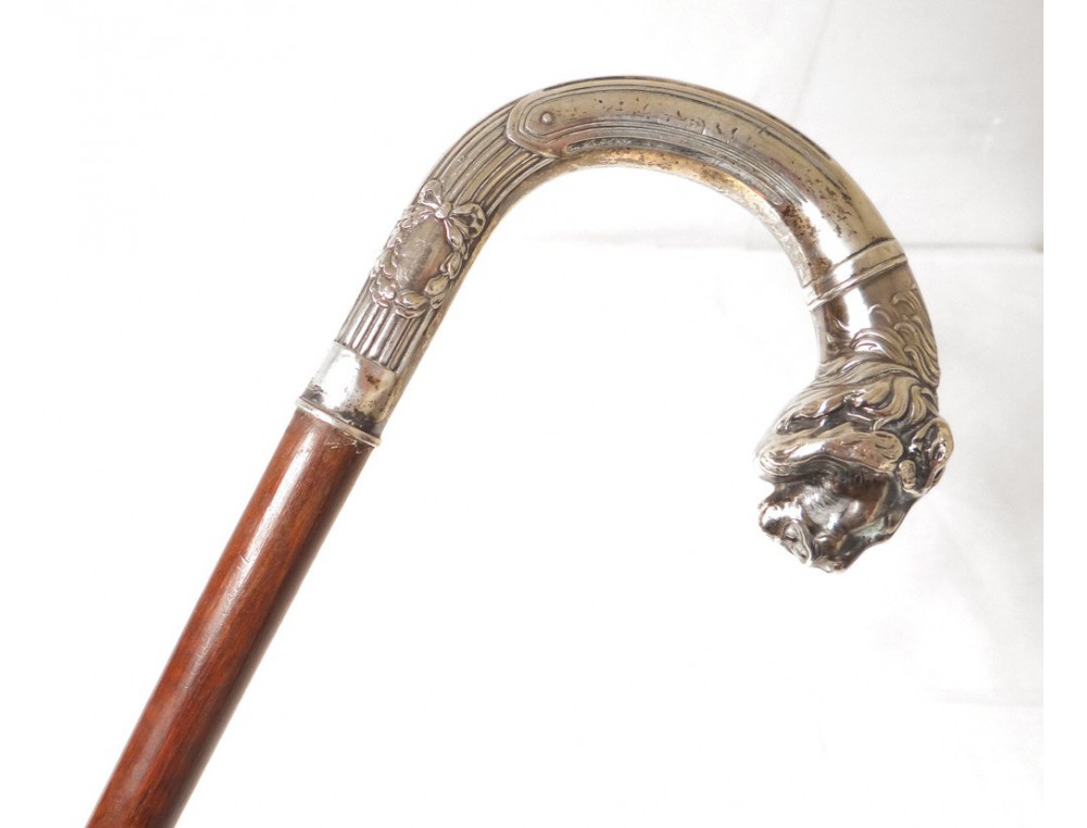 Cane Former Head Pommel Silver Antique Wood Nineteenth Lion