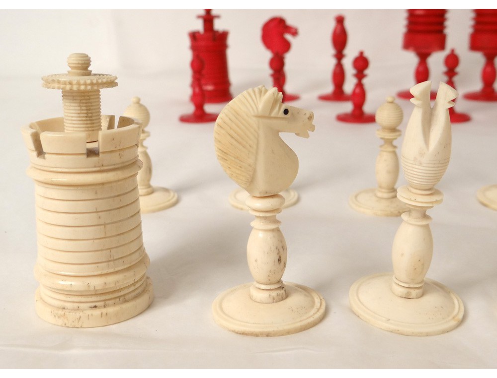 Old carved chess pieces king queen knight pawn chess XIX