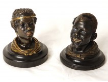 Pair black bronze inkwells characters heads marble inkwell negroes XIX